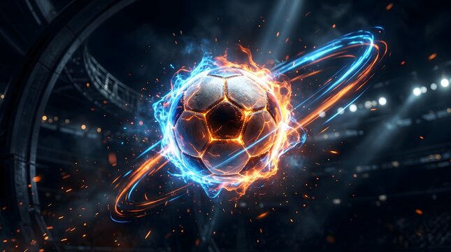 Soccer ball engulfed in dynamic fire and electric blue energy swirls within futuristic sports arena stadium background.