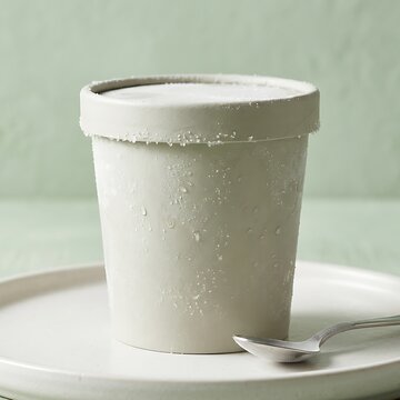 Frozen ice cream pint container with frost and water droplets on minimalist ceramic plate.