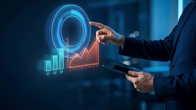 Holographic orange growth chart with circular analytics ring pointed by business executive with tablet for financial data analysis and investment performance tracking