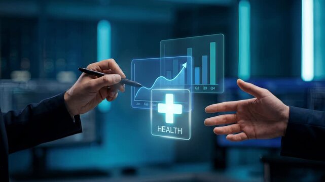 Holographic health insurance card with medical cross and analytics chart exchanged between professionals with pen for healthcare agreement and patient coverage planning