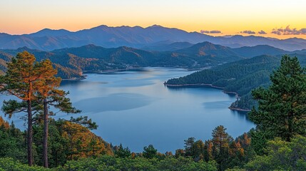 Obraz premium Mountain lake at dawn, serene vista
