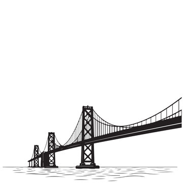 San Francisco Bay Bridge vector illustration with suspension towers and cables over water for travel and architectural design
