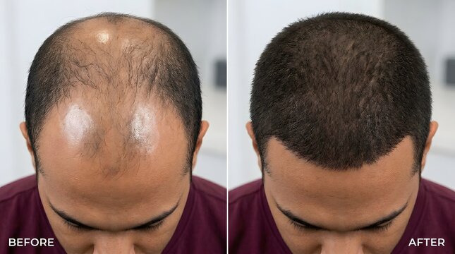 Before After Hair Transplant Comparison Showing Male Patient Bald Head with Receding Hairline Restored to Full Hair Growth Successful Treatment Restoration Clinic Result