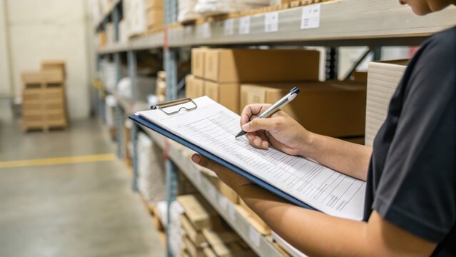 Warehouse worker checking inventory on a clipboard, surrounded by shelves stocked with cardboard boxes in a large storage facility.