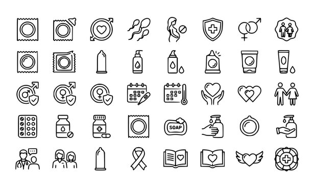 Condom and Contraception Line Icon Set Featuring Protection Reproductive Health and Wellness Symbols