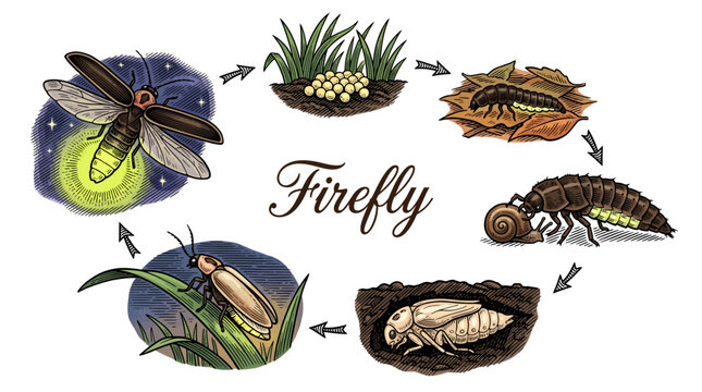 Firefly Life Cycle Vector Illustration Showing Eggs, Larva, Pupa, and Adult Stages of the Lightning Bug in Vintage Hand Drawn Style