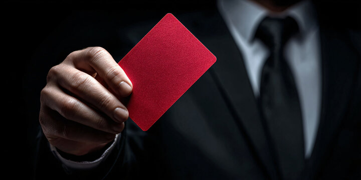 Businessman in Suit Holding Up Red Card