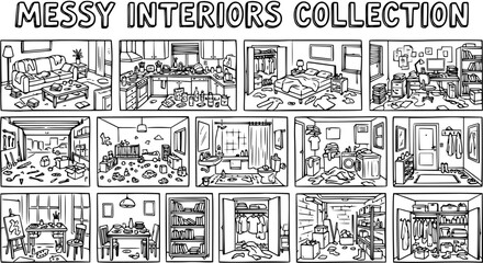 Obraz premium Black and White Line Art Cartoon Collection of Messy Household Interiors. Doodles of Disorganized Rooms, Clutter, and Domestic Chaos.