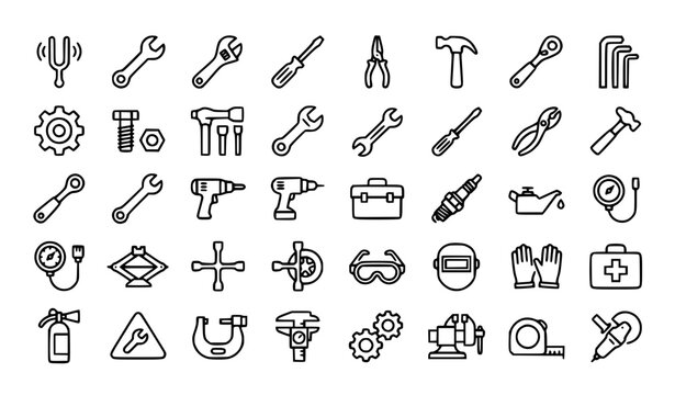 Tuning Tools Line Icon Set Featuring Hammer Gear Wrench Screwdriver and Car Repair Symbols