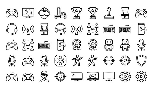 Gamepad and Gaming Line Icon Set Featuring Console Virtual Reality eSports and Computer Game Symbols