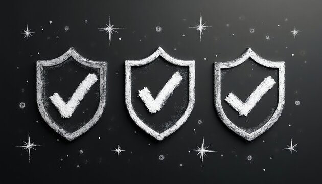 Three chalk shields with checkmarks stand on dark background. Symbols represent approval quality safety and security. Stars and dots add decorative effect.