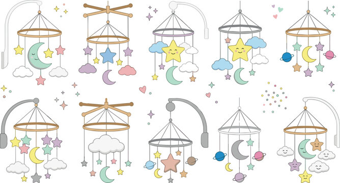 Baby Crib Mobile Vector Collection with Hanging Stars, Moon, Clouds, and Cute Nursery Toy Illustrations for Infant Room Designs
