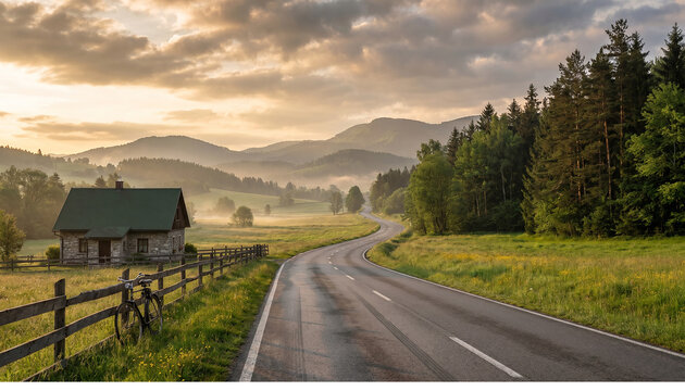 Serene Countryside Drive: A winding asphalt road leads through a picturesque rural landscape, with a rustic stone house and a wooden fence on one side and lush green trees on the other.