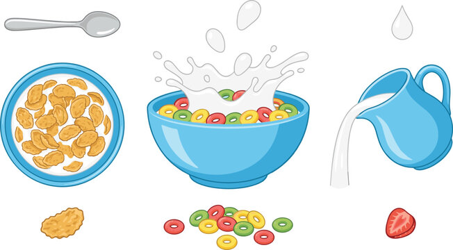 Breakfast Cereal Vector Collection with Milk Splash, Colorful Fruit Loops, Bowl, and Morning Food Illustrations for Healthy Kids Designs