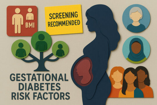 Gestational diabetes pregnancy risk factor screening for pregnant woman showing medical caution regarding maternal family history and diverse ethnicity population