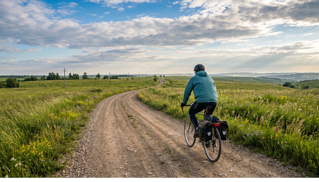 Bicycle Touring in Rural Landscape: A lone cyclist navigates a winding gravel road through a vast, sun-drenched grassy field, under a sky adorned with dramatic clouds.