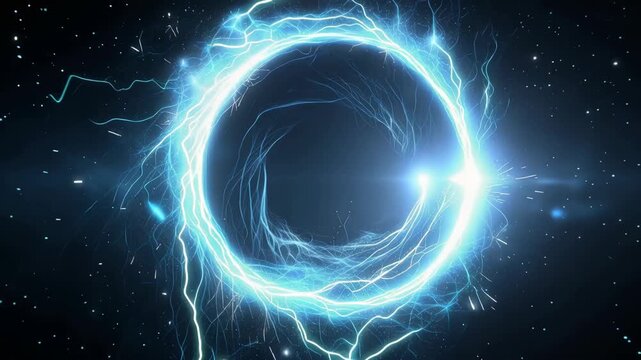 Glowing electric ring in dark space with blue lightning and bright energy halo, abstract cosmic circle with blue glow, neon light vortex portal, star field, sci fi concept