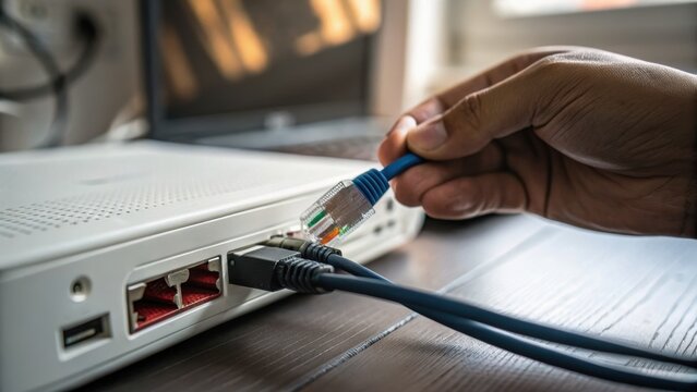A hand plugs an ethernet cable into a white wireless router on a wooden surface, highlighting internet connectivity and networking technology.
