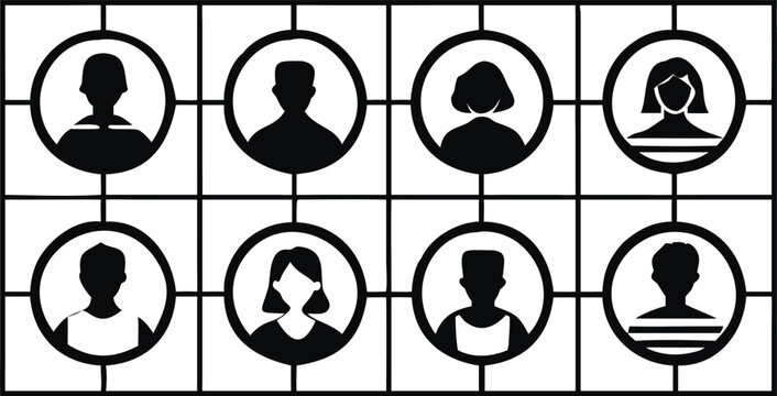 Eight black silhouette profile in circles on white grid keywords