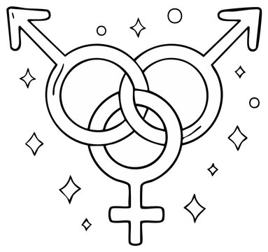 Gender symbols interlocking outline for inclusivity and diversity, representing various gender identities and sexual orientations with shining stars