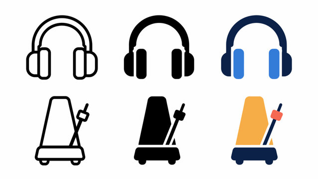 Six assorted headphones and metronome icons in color and black & white