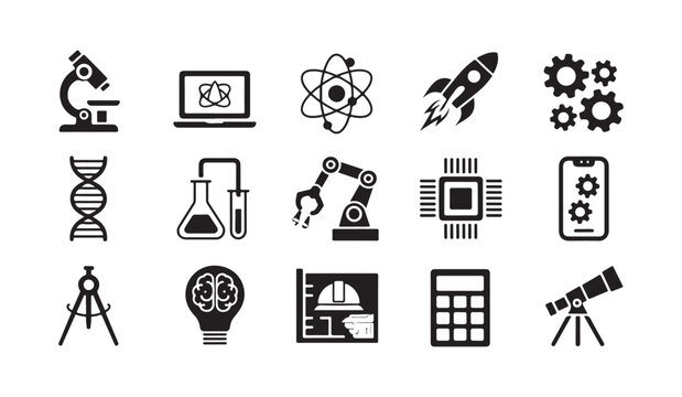 Science and technology icons collection with microscope computer atom rocket gears dna robot.