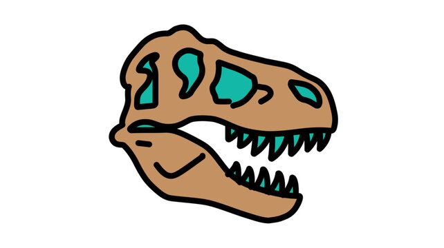 Customizable tyrannosaur fossil head icon with adjustable line thickness. Colorful T-Rex skull illustration for scientific journals and museum exhibits featuring modifiable vector paths.