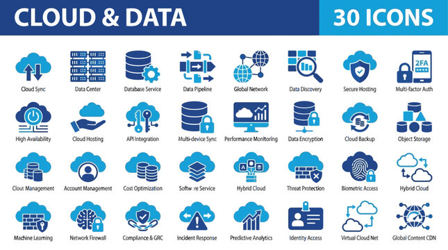 Comprehensive digital infrastructure and cloud computing concepts visualized through modern data management and network security solutions, featuring essential technology services