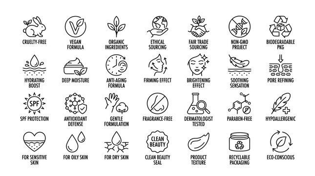Essential line art icons for beauty product claims and skincare benefits, highlighting ethical sourcing, natural ingredients, and effective formula attributes