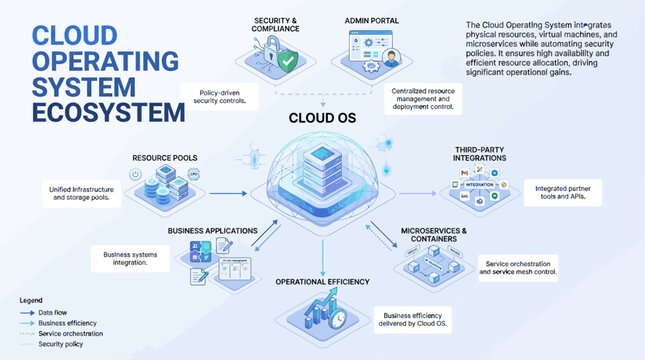 Visual framework of a cloud operating system ecosystem, depicting resource management, applications, operational efficiency, microservices, and security