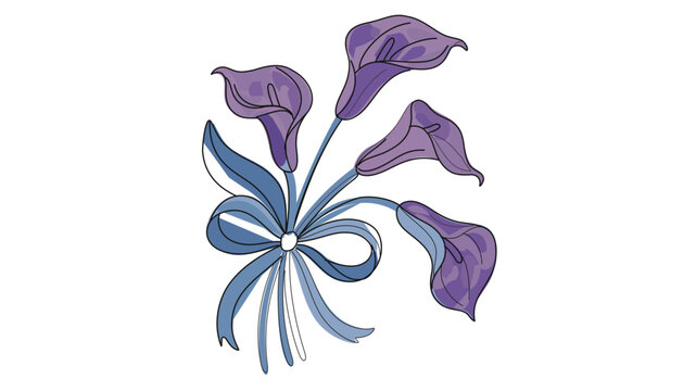 Elegant Calla Lily floral arrangement vector illustration with editable stroke. Colorful line art bouquet tied with a bow, customizable stroke weight, thin line, adjustable line weight floral icon.