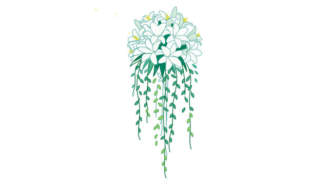 Plunging ivory lily bridal posy vector pictogram with modifiable path. Refined botanical composition for marriage rituals, featuring variable line thickness and tailored slender contours.