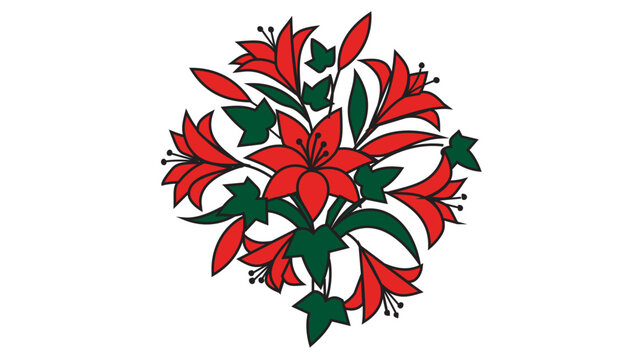 Plunging scarlet lily posy vector pictogram with emerald foliage, showcasing a modifiable contour, variable path thickness, and tailored line weight for professional botanical layouts.