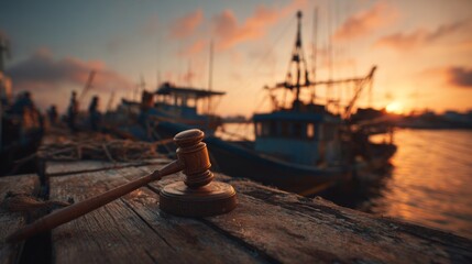 Fototapeta premium Sunrise Over Dock with Gavel, Fishing Boat, and Maritime Scene by Water's Edge
