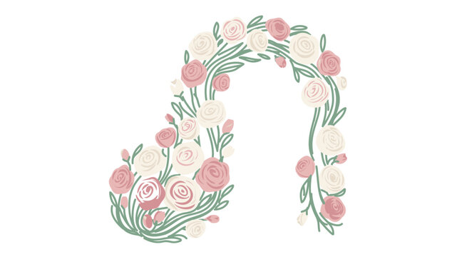 Floral arch vector illustration with pink and white roses, green leaves for wedding decor. Creative icon with editable stroke, adjustable stroke weight, customizable line weight, thin line, stroke,