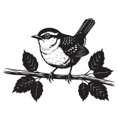 Wren bird on a branch with leaves, black and white graphic icon for a nature or wildlife symbol © Zulfa