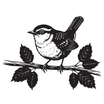 Wren bird on a branch with leaves, black and white graphic icon for a nature or wildlife symbol