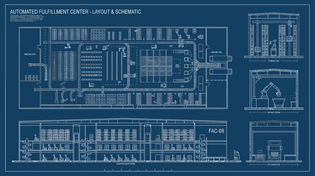 Blueprint of an automated fulfillment center layout and schematic for efficient logistics operations