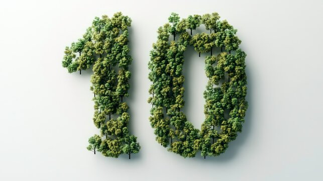 The number 10 is formed by green trees against a white background.