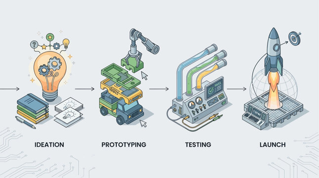 Isometric illustration depicting the complete product development lifecycle, from innovative idea generation and meticulous prototyping to rigorous testing and a successful market launch concept