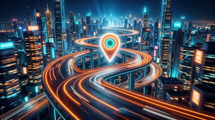 Obraz premium Futuristic cityscape with glowing roads and a location pin representing ai brain security and robotic technology