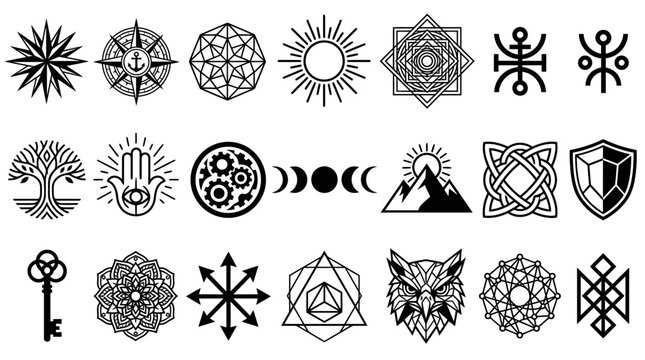 Collection of abstract geometric symbols and icons representing nature, technology, and spirituality