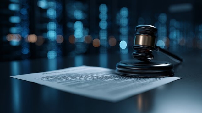 Futuristic courtroom scene depicting a judge's hammer resting on a legal document in a high-tech data center environment