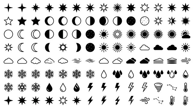 A comprehensive collection of weather icons representing various meteorological phenomena, celestial bodies, and atmospheric conditions for diverse applications