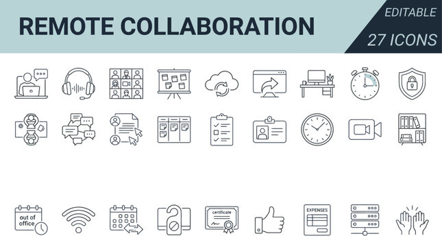 Remote Collaboration Icons Set - Vector Graphics for Digital Workflow and Teamwork
