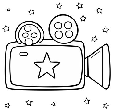 Cartoon Movie Camera with Star and Decorative Stars