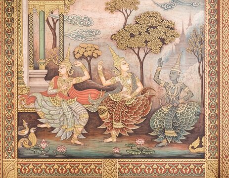 Thai mural depicting Kinaree dancers in celestial forest