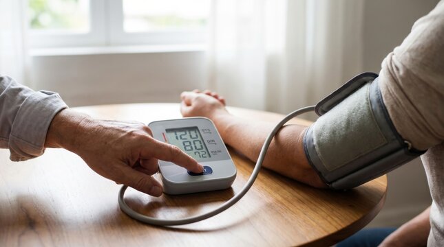 A person"s blood pressure is being measured using a digital monitor on their arm by another individual.