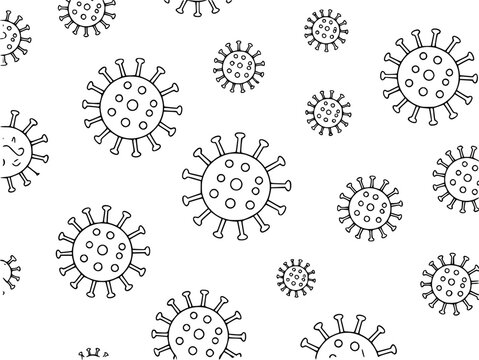Black and white hand-drawn coronavirus pattern white background