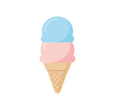 Flat design of an ice cream cone with two scoops, pastel colors, minimal, no borders, white background